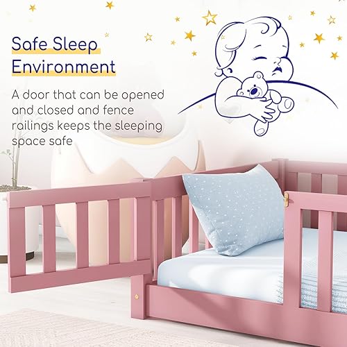 Miniatura 3 de Tatub Cama de suelo de tamaño individual con barandillas de seguridad puerta y listones marco de cama para niños pequeños para niñas y niños cama de