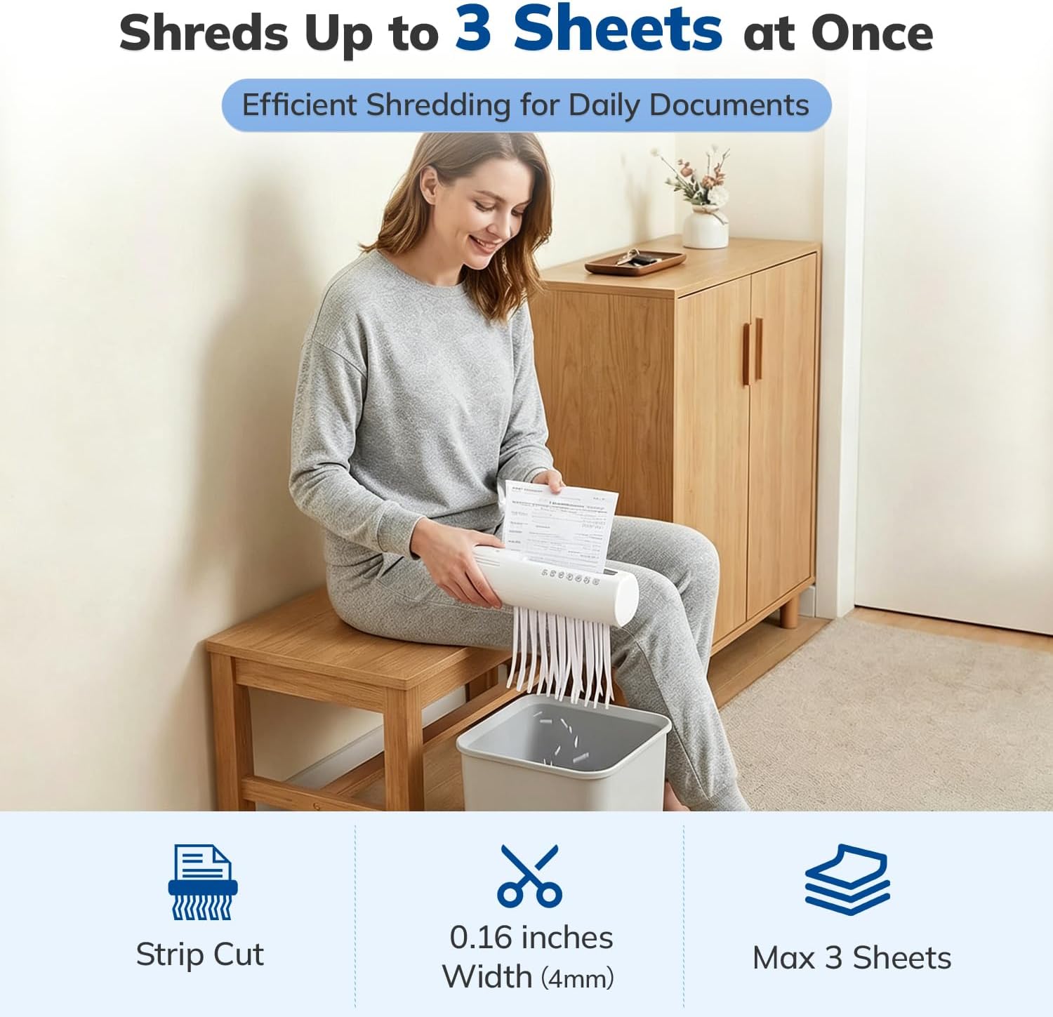 Mini Paper Shredder, Portable Paper Shredder for Home, 3-Sheet Strip Cut 4mm, Compact Paper Shredder with Forward & Reverse and Overheat Protection, Small Shredder for Desk and Home Office (L, White)