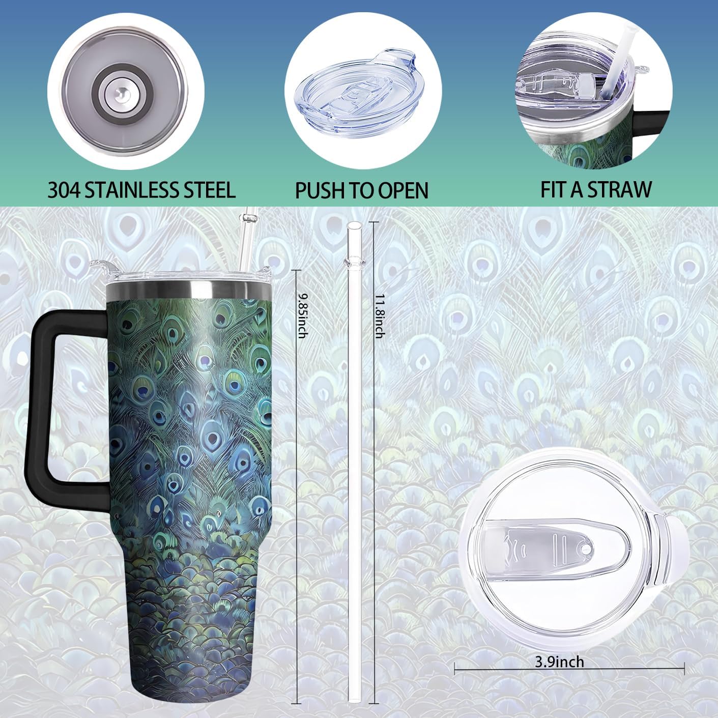 40oz Peacock Tumbler with Handle and Straw, Animal Lovers Gifts for Women, Colorful Bird Stainless Steel Travel Mug Water Bottle, Vacuum Insulated Cup with Lid - Image 2