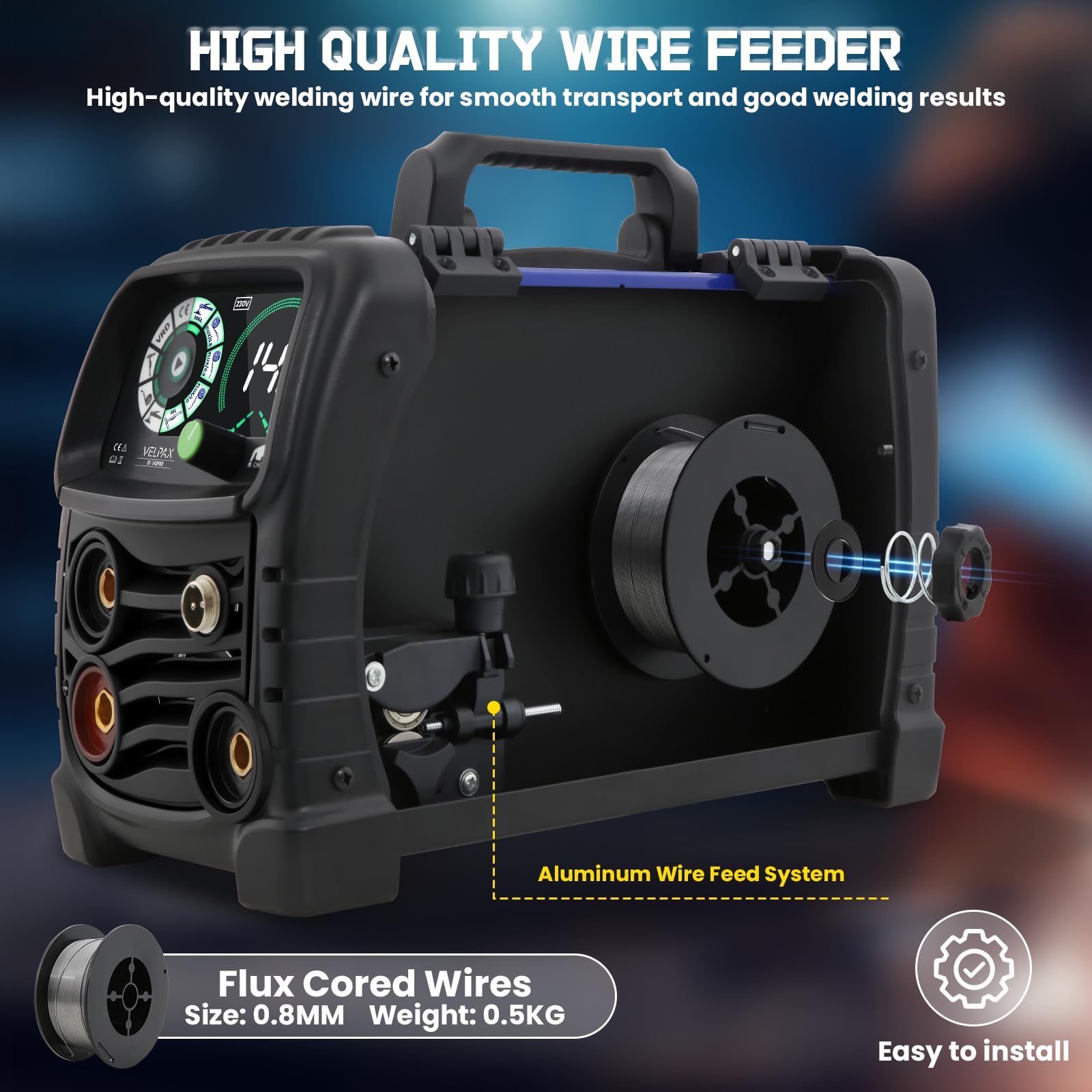 140A Saldatrice A Filo Continuo Senza Gas, 3 in 1 MIG/ARC/Lift TIG IGBT Inverter Saldatore con Smart Digital LED Dispaly di filo animato 0,8 mm per principianti e saldatori professionisti