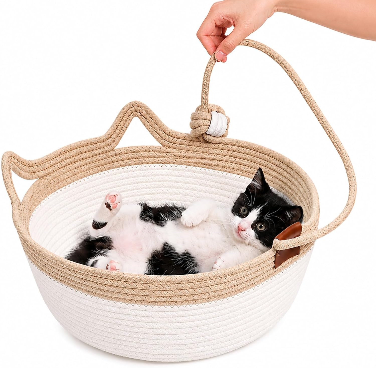 Cat Basket Bed, 13.8 × 13.8 × 5.5 Inch Cotton Rope Woven Cat Basket Boho Foldable Cats Toy Baskets with Woven Toy Ball Small Durable Pet Baskets for Cats, Puppy, Small Pets (White, Brown)