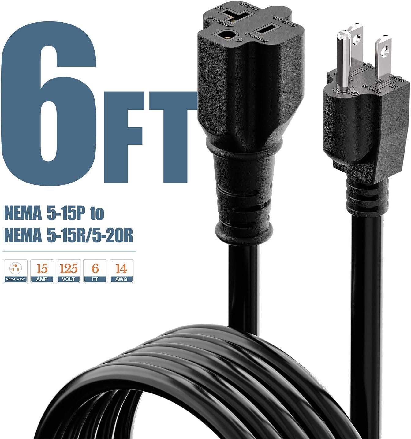 6FT NEMA 5-15P to 5-15R / 5-20R Adapter Cord, Winxus 15Amp to 20Amp Plug Adapter Cable, 14AWG NEMA 5-15P Male to 5-15R / 5-20R Female Extension Cable, Black