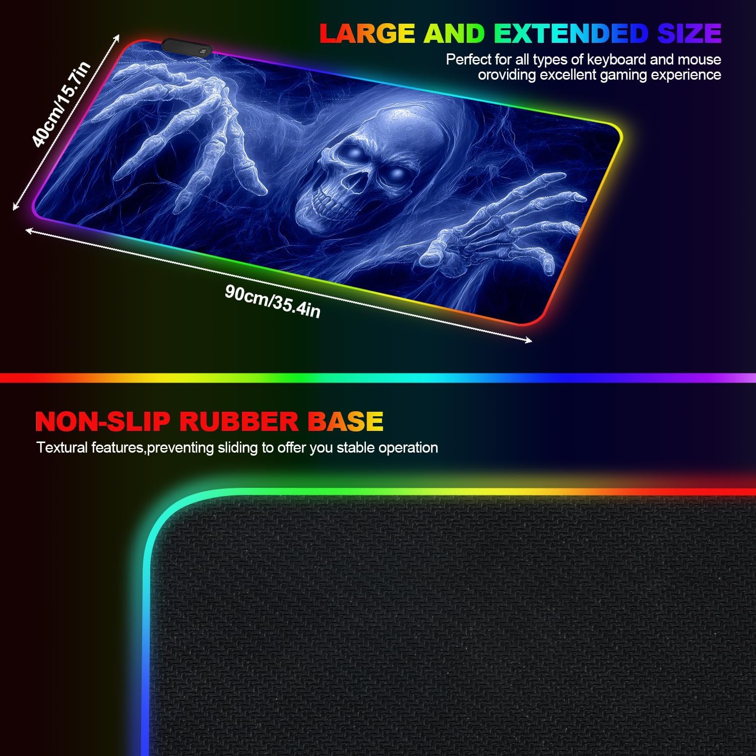 35.4 x 15.7 Inch RGB Gaming Mouse Pad – Blue Skeleton LED Backlit Desk Mat, Large Extended Size with Non-Slip Base, Customizable RGB Lighting for Gaming & Office Use