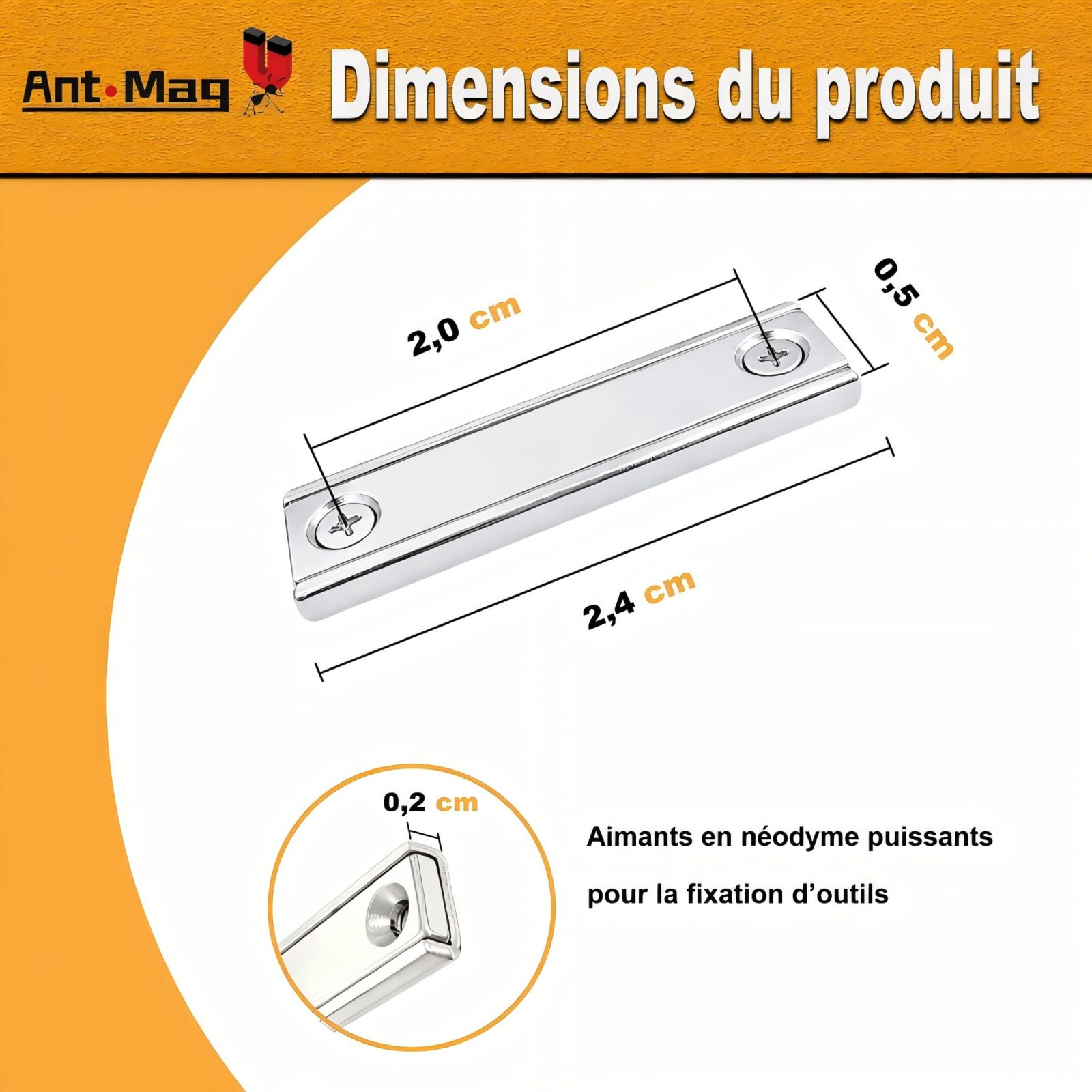 Ant Mag Imanes de maceta rectangulares de neodimio 66 lb Fuerza de tracción 60 x 13,5 x 5 mm Juego de 8 con agujero avellanado imanes sólidos de tierra rara de grado industrial para el hogar