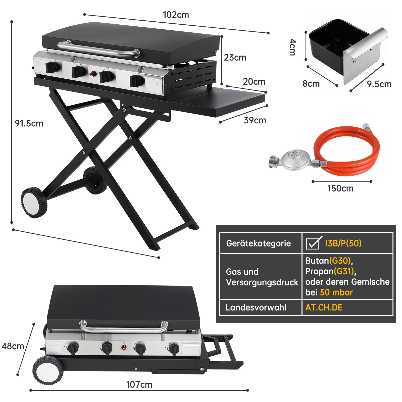 LIFERUN 4 Brenner Gasgrill Edelstahl(9.6kW) inkl. Grilltisch Klappbar, Tragbarer Tischgasgrill mit Separatem Grillständer, Gas Plancha Tischgrill mit Deckel & Grillwagen, für Camping, Terrasse, BBQ