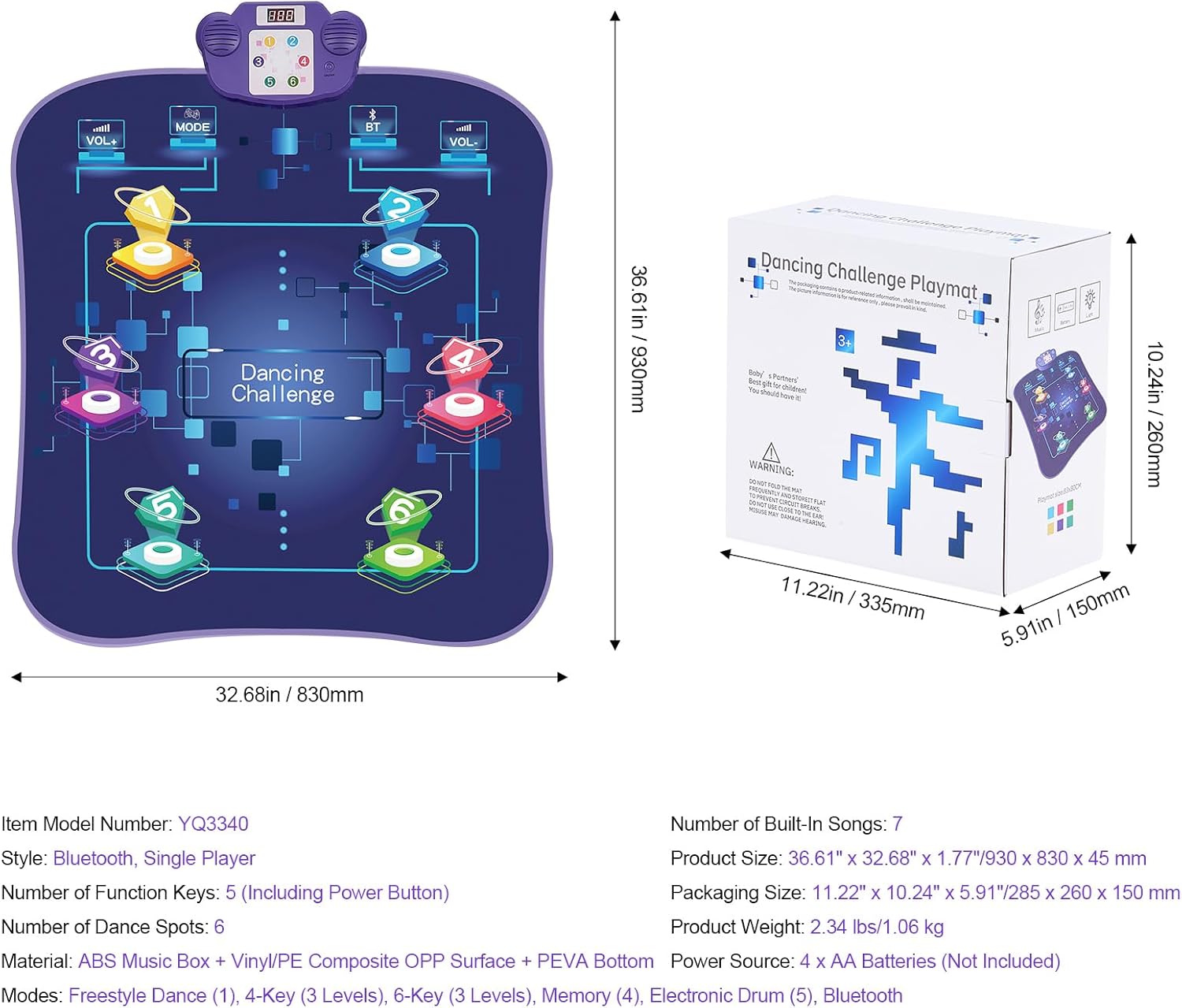 Happybuy Dance Mat, 6-Button Rhythm Step Play Mat, Electronic Pad with Wireless Bluetooth, LED Lights, 5 Game Modes, Adjustable Volume, Built-in Music, Toys Gifts for 3+ Year Old Girls