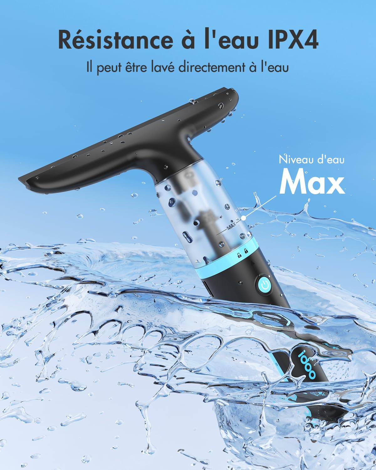 iDOO Nettoyeur de Vitres, Electrique Aspirateur avec Pulvérisateur, Étanchéité IPX4, 360ml, Peut être utilisé jusqu'à 40 minutes, Convient pour Les Fenêtres, Carreaux, Miroirs, Douches et Voitures