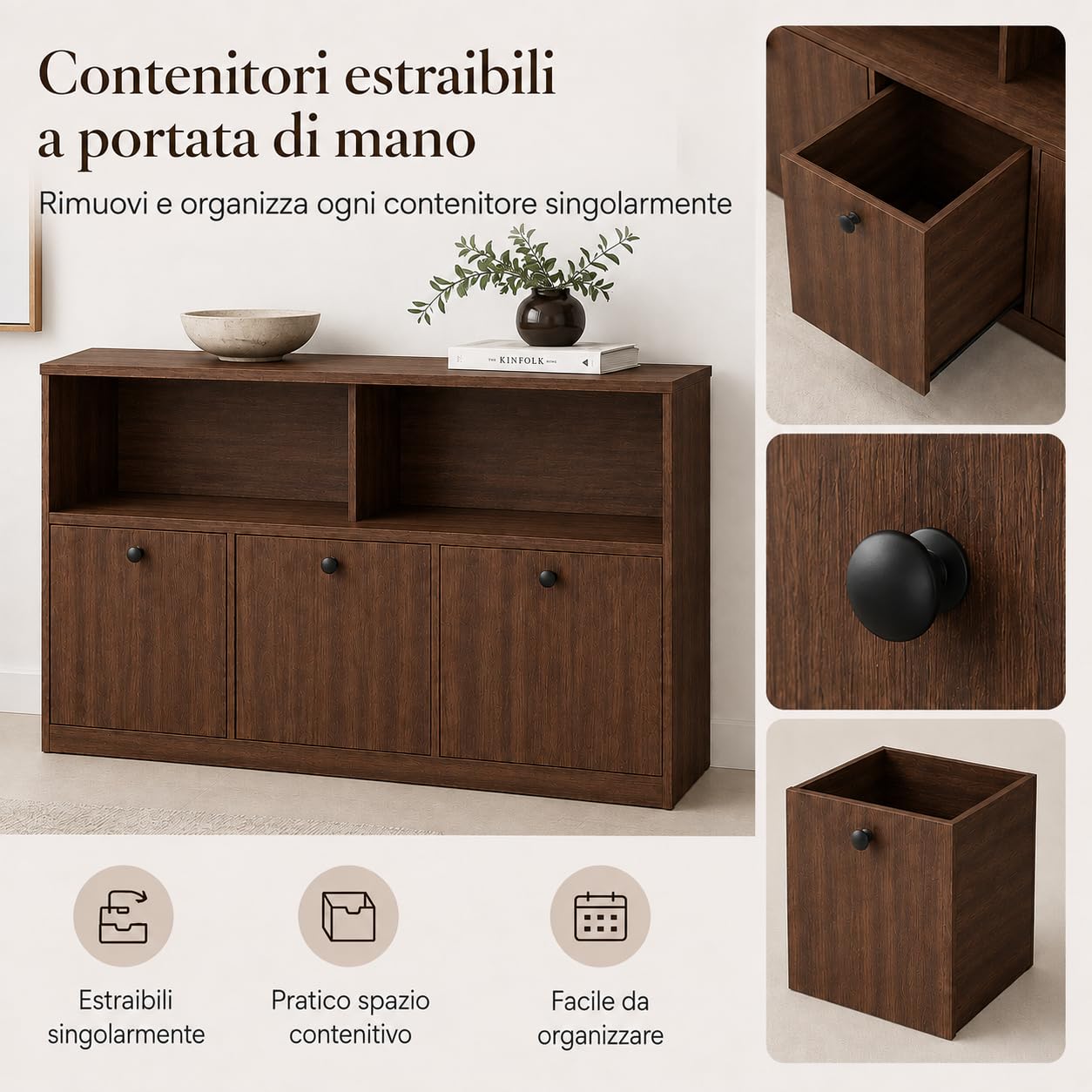 Armadietto Salvaspazio, Mobile Contenitore con 3 Contenitori Estraibili