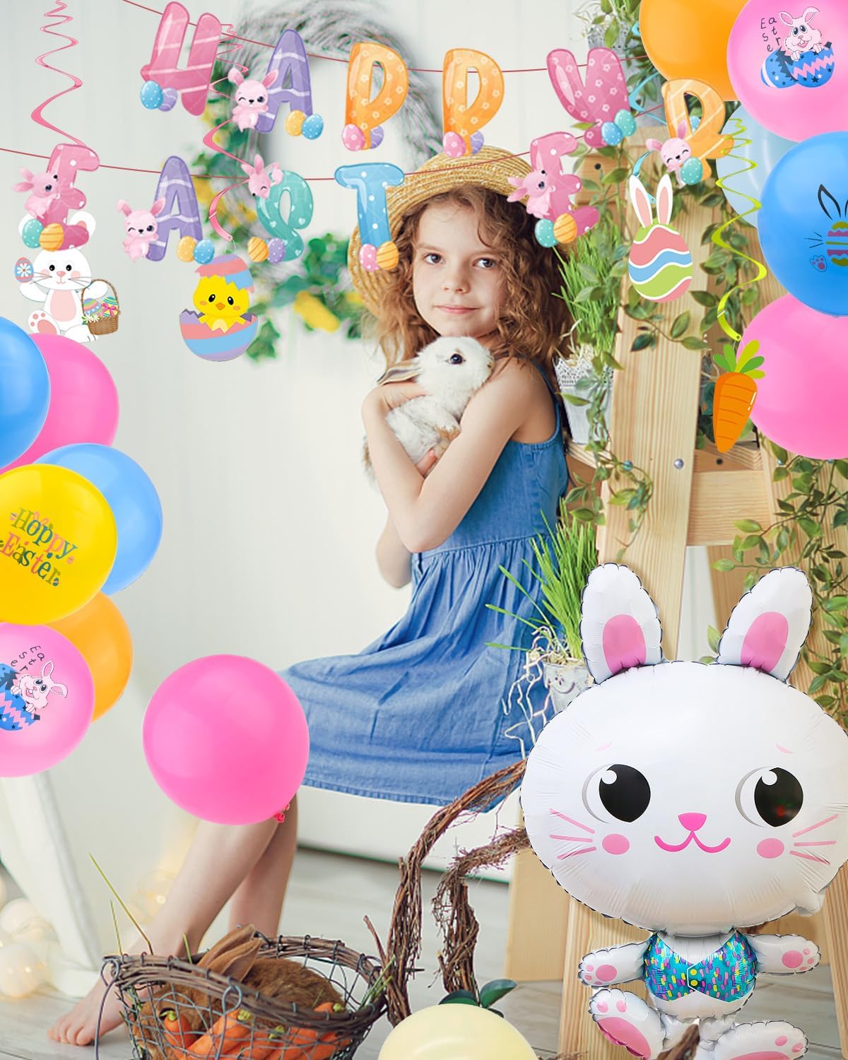 55PCS Easter Party Decorations Happy Easter Balloons Banner Kits Bunny Egg Hanging Swirl Decorations for Party Supplies
