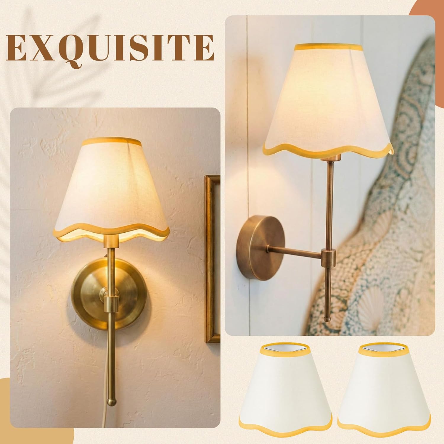 VIHOSE Set of 3 2.9" Top x 5.9" Bottom x 5.1" Height Lamp Shade with Petal Edge Set of 3 Chandelier Shades Fabric Scalloped Lampshade for Floor Wall Lamps Table Living Room Bedroom (Yellow Edge)