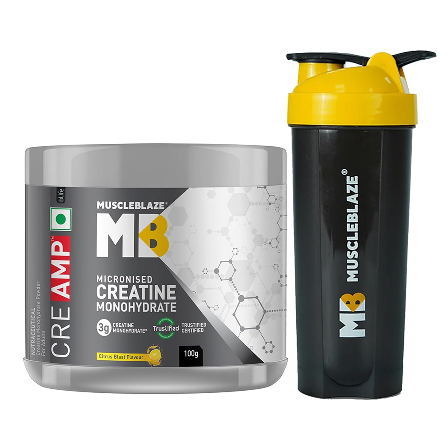 MuscleBlaze Creatine Monohydrate CreAMP™ with CreAbsorb™, Trustified Certified (100 g, Citrus Blast, 25 Servings) with Shaker, 650ml (Combo Pack)