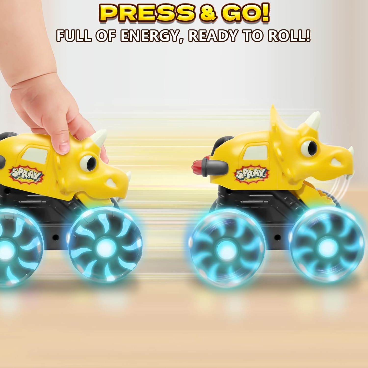 Intoypad 3 Pack Dinosaur Car Toys for Kids Toddlers, Light up Wheels Monster Truck Toys for Boys 2 3 4 5 6 7 8 Years Old Christmas Birthady Gifts Press & Go Dino Trucks Toy for Toddler Boy Baby