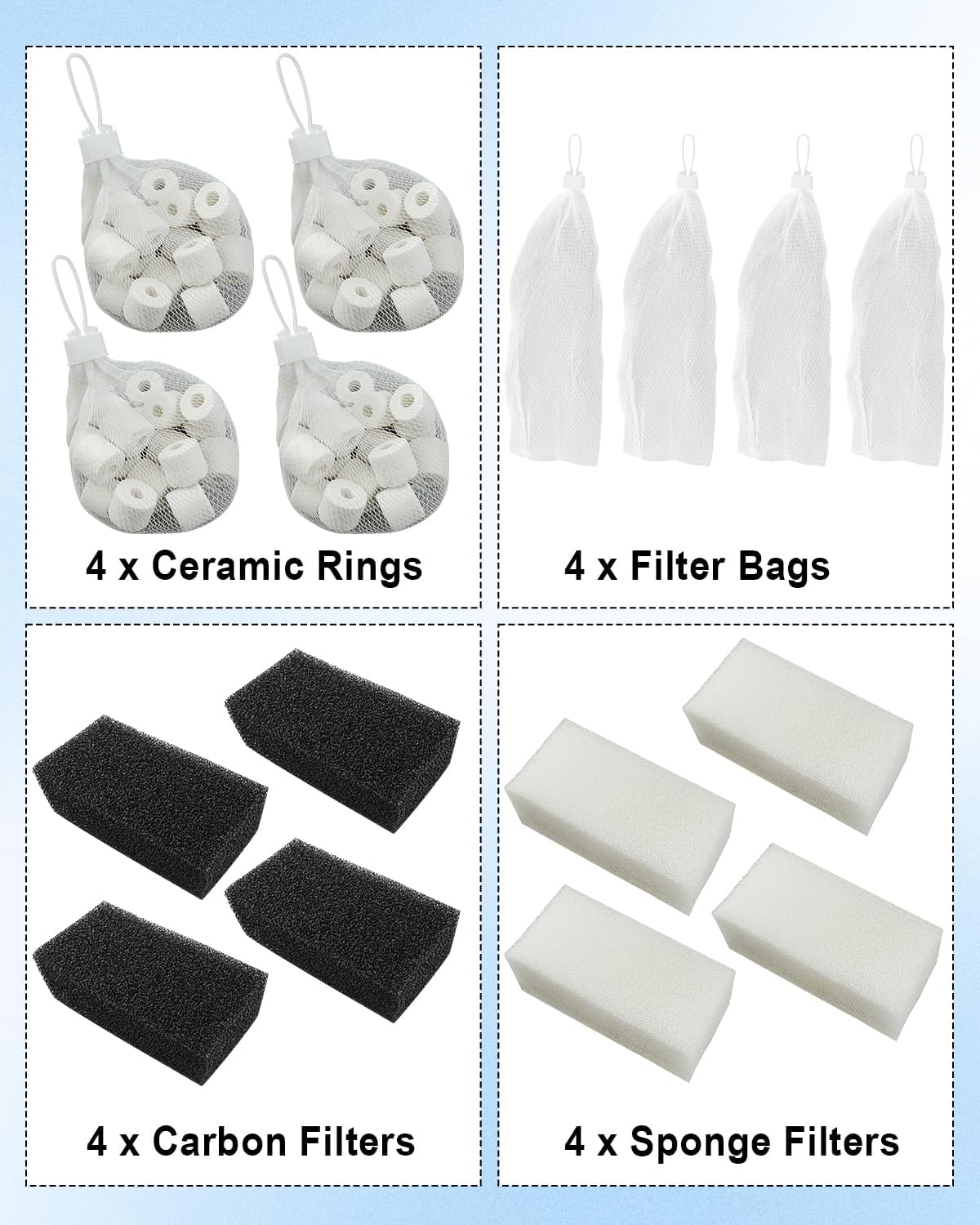 OCHIKI Aquarium Tank Filter Maintenance Kit for 20 to 50 Gallon Aquariums, 4 Sets Fish Tank Filter Ceramic Rings & Carbon Filter & Foam Filter & Filter Bags