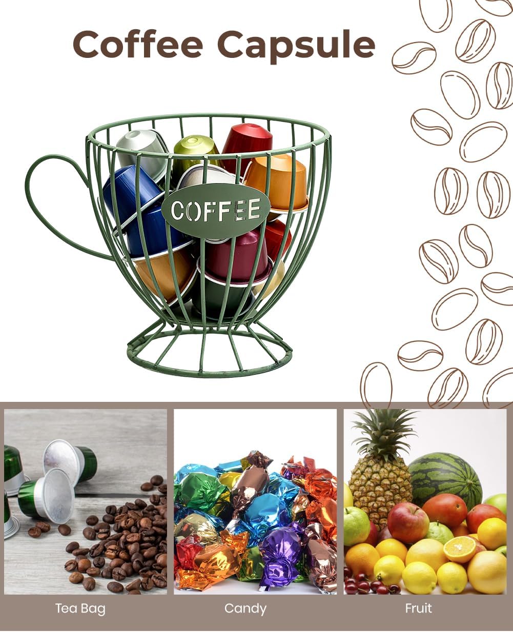 Coffee Pod Holder Large Capacity Coffee Pod Storage Metal Kitchen Countertop Organizer for Home Office Green