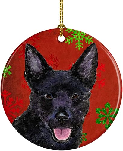 Caroline's Treasures Australian Kelpie - Adorno de cerámica de Navidad con copos de nieve rojos y verdes, decoración colgante para el hogar,