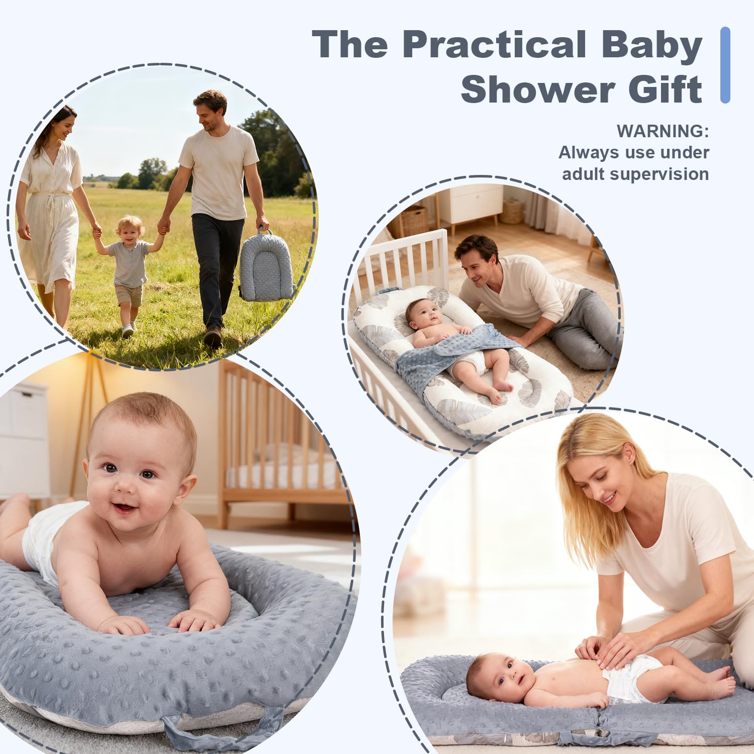 Baby Lounger, 3-in-1 Portable Infant Lounger for Newborns 0-24 Months, Foldable Tummy Time Pillow and Sitting Seat with Removable Cover, Dual-Sided 100% Cotton and Velvet, Ideal Baby Shower Gift