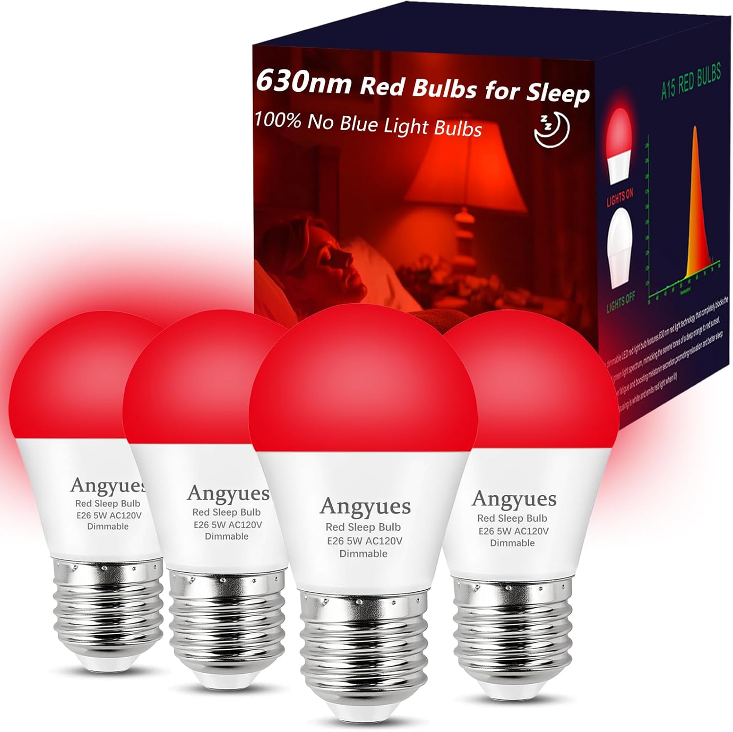 630nm Red Sleep Bulb Dimmable, 100% Blue Light Blocking, Promotes Melatonin Production, E26 A15 LED 5W Red Dim Night Light for Baby's Bedroom, Sleeping, Reading, 4Pack