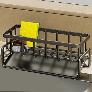 Sponge Holder for Kitchen Sink, Rustproof 304 Stainless Steel Dish Sponge Organizer, Dish Soap Dispenser and Bathroom Storage Rack Black
