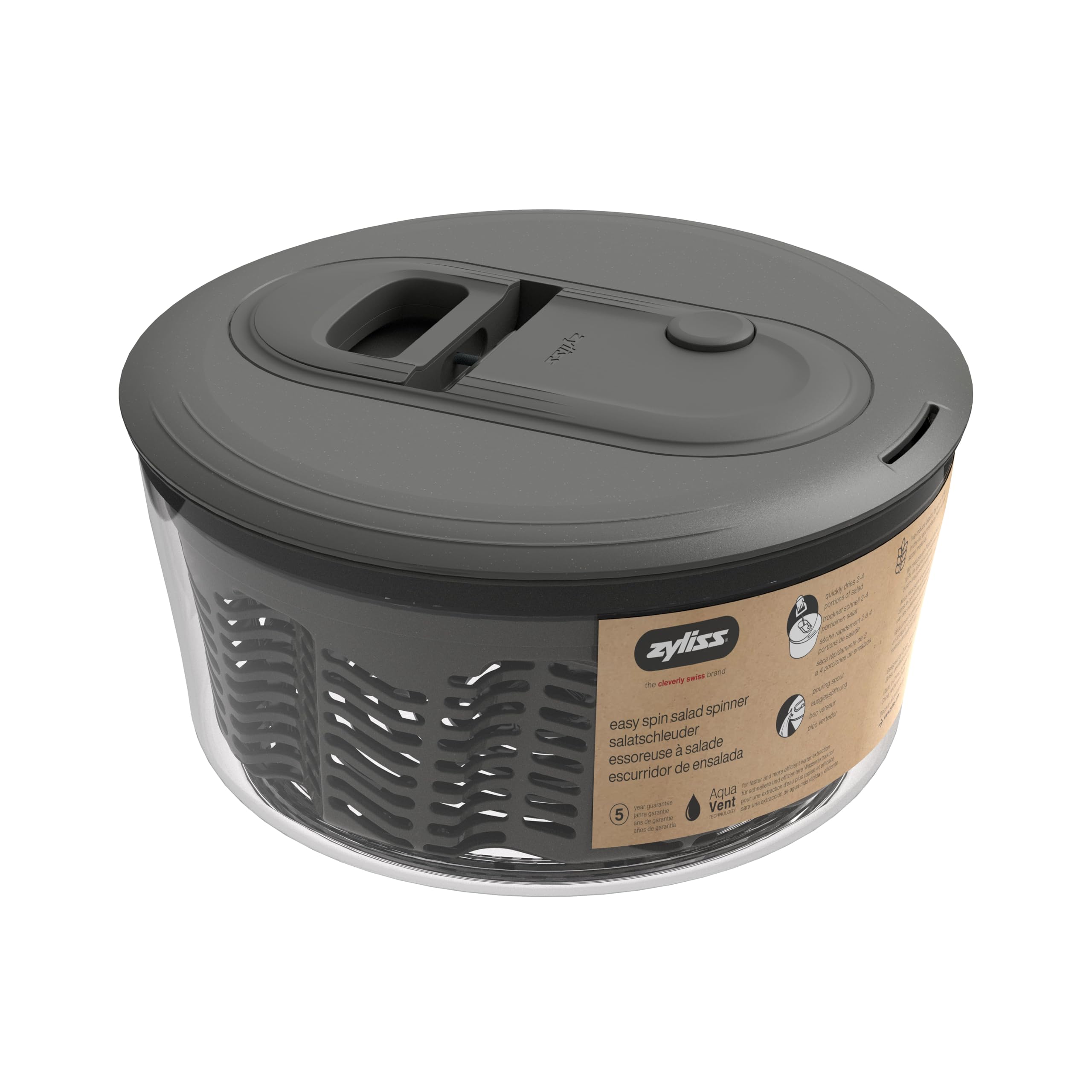 Zyliss Easy Spin Clásico Centrifugadora Lechuga Pequeña 3,5 L, Tecnología AquaVent™, Cuerda y Botón de Parada, Salida de Drenaje, Antideslizante, Sin BPA, Escurridor de Lechuga, Ensalada, Gris