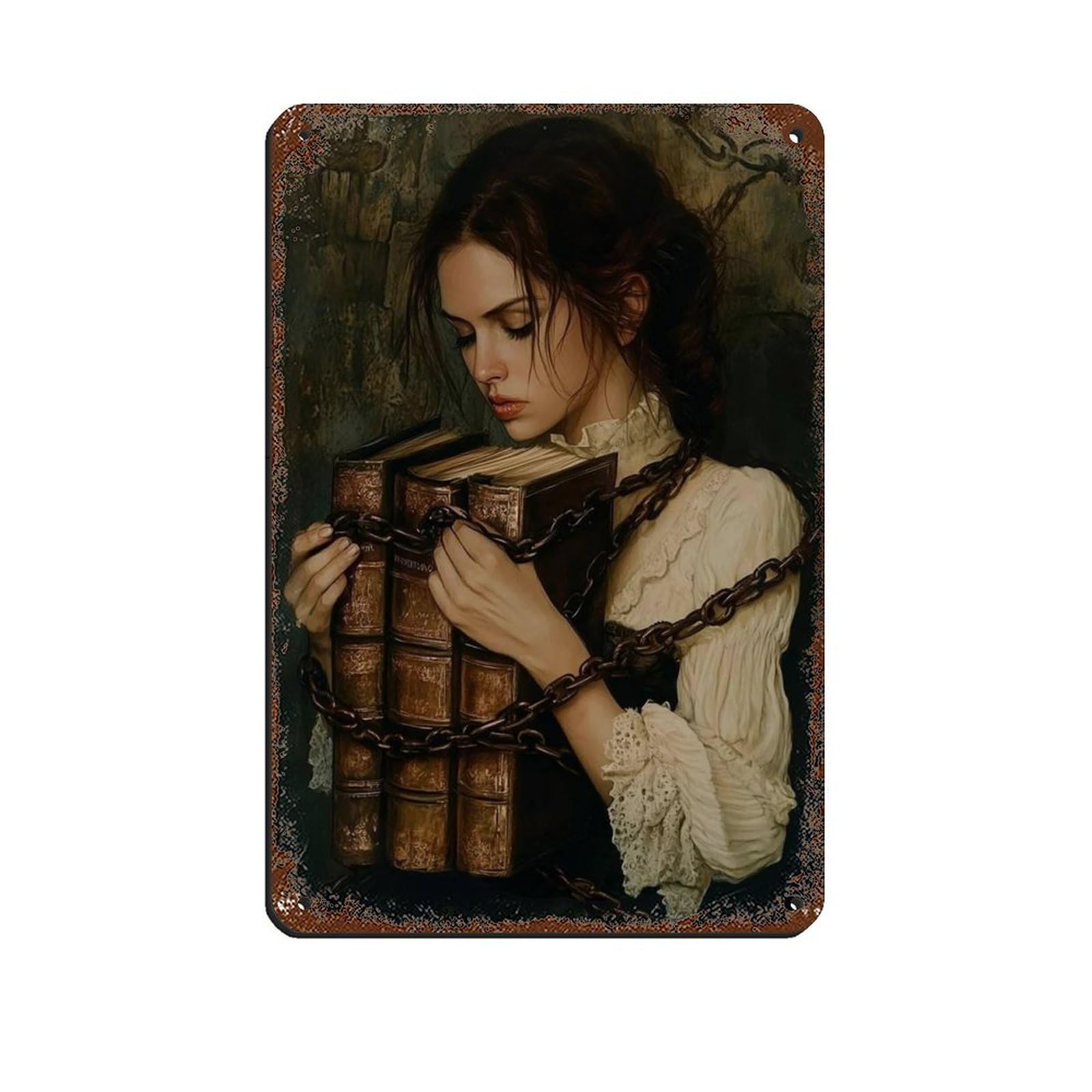Victorian Woman Holding Chained Books Art Tin Sign Vintage Metal Pub Club Cafe Bar Home Wall Art Decoration Poster Retro 8x12inch(20x30cm)