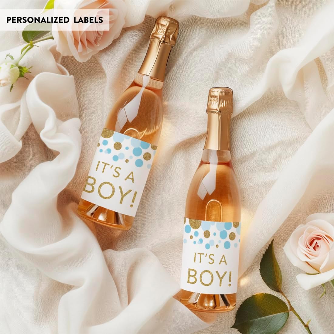 Andaz Press Mini Champagne Wine Bottle Baby Shower Labels, It's a Boy!, Baby Blue Faux Gold Glitter Confetti Dots, 20-Pack, Party Favor Gift Label Stickers Baby Shower