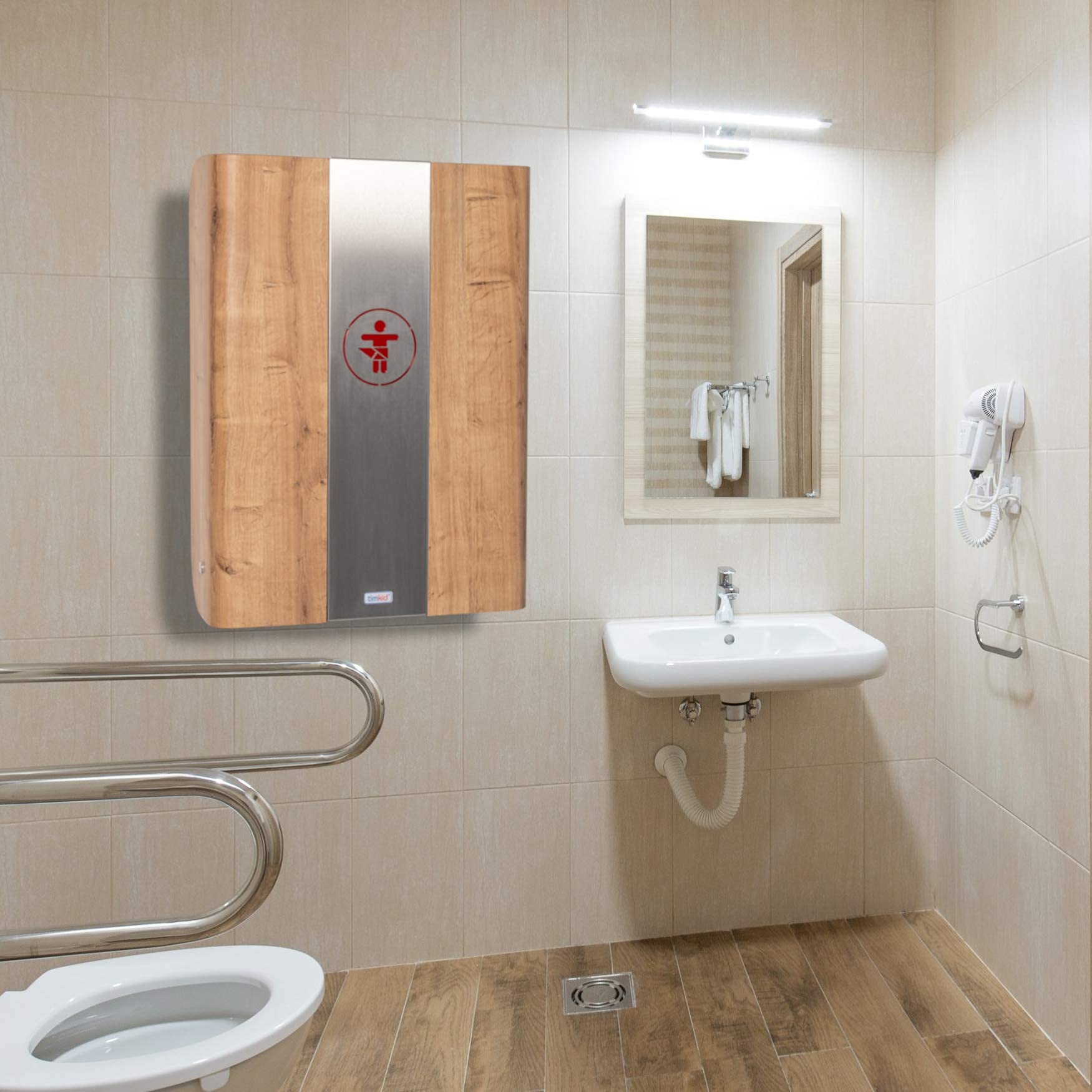 KAWAmidi oak | timkid Wickeltisch | TÜV-geprüft | klappbarer & platzsparender Wandwickeltisch | inkl. grauer Wickelmatte | Ideal für den öffentlichen & privaten Bereich | Mittelteil Edelstahl