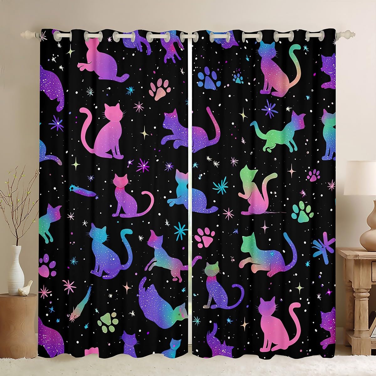 Erosebridal Kawaii Cat Blackout Curtains Cute Rainbow Curtains & Drapes for Girls, Cartoon Kitten Curtains Glitter Stars Black Out Curtains, Colorful Paws Print Window Drapes Black โ image 1