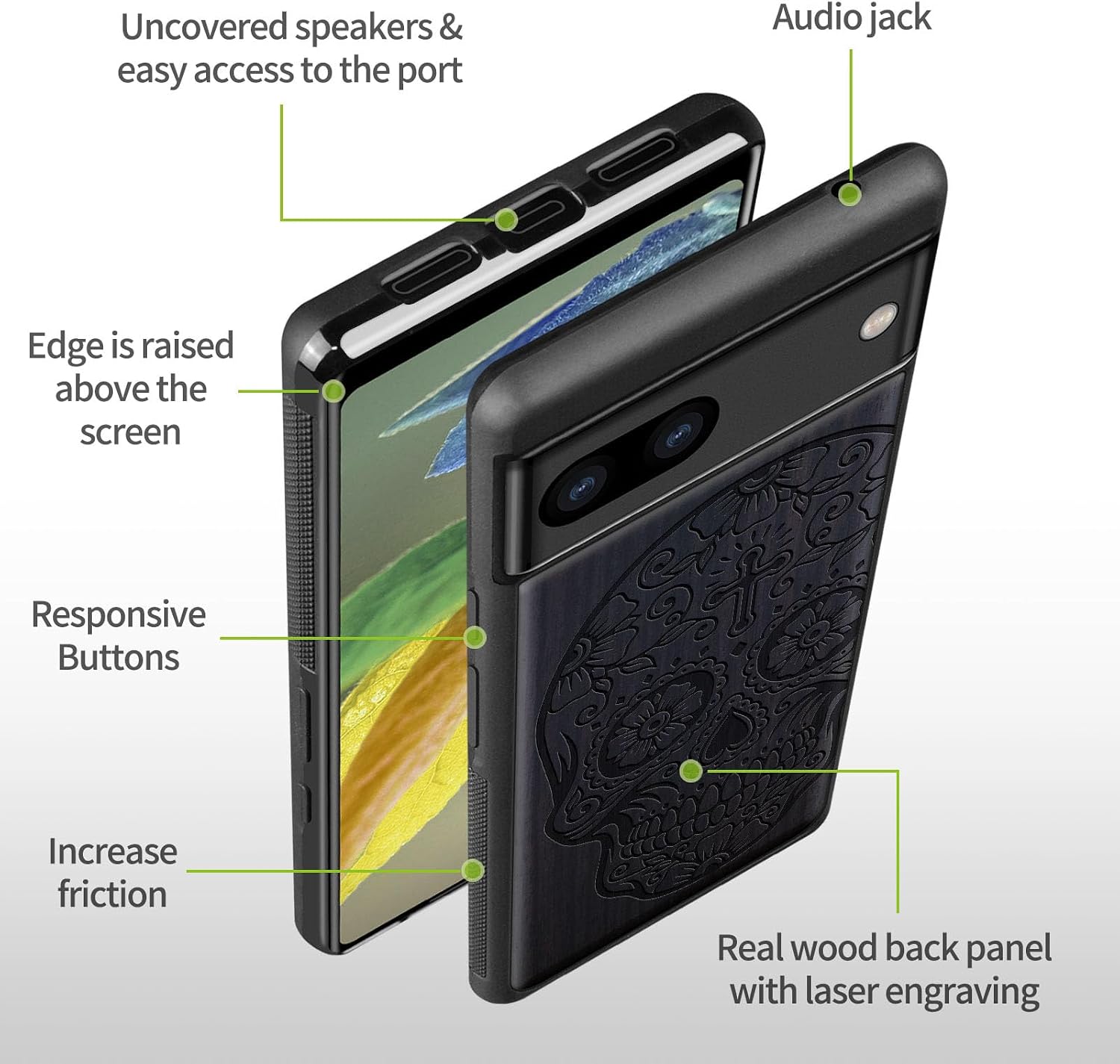 Carveit Wood Case for Pixel 8a Case [Natural Wood & Black Soft TPU] Shockproof Protective Unique Wooden Cover Compatible with Google Pixel 8a (Sugar Skull-Blackwood)