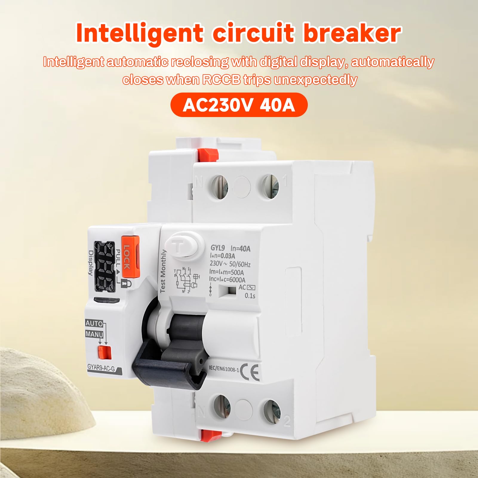 Jadeshay Disjoncteur à réarmement automatique avec affichage LED, Disjoncteur différentiel 30mA 40A 2 Pôles AC230V Disjoncteur intelligent avec affichage numérique GYAR9-AC-G