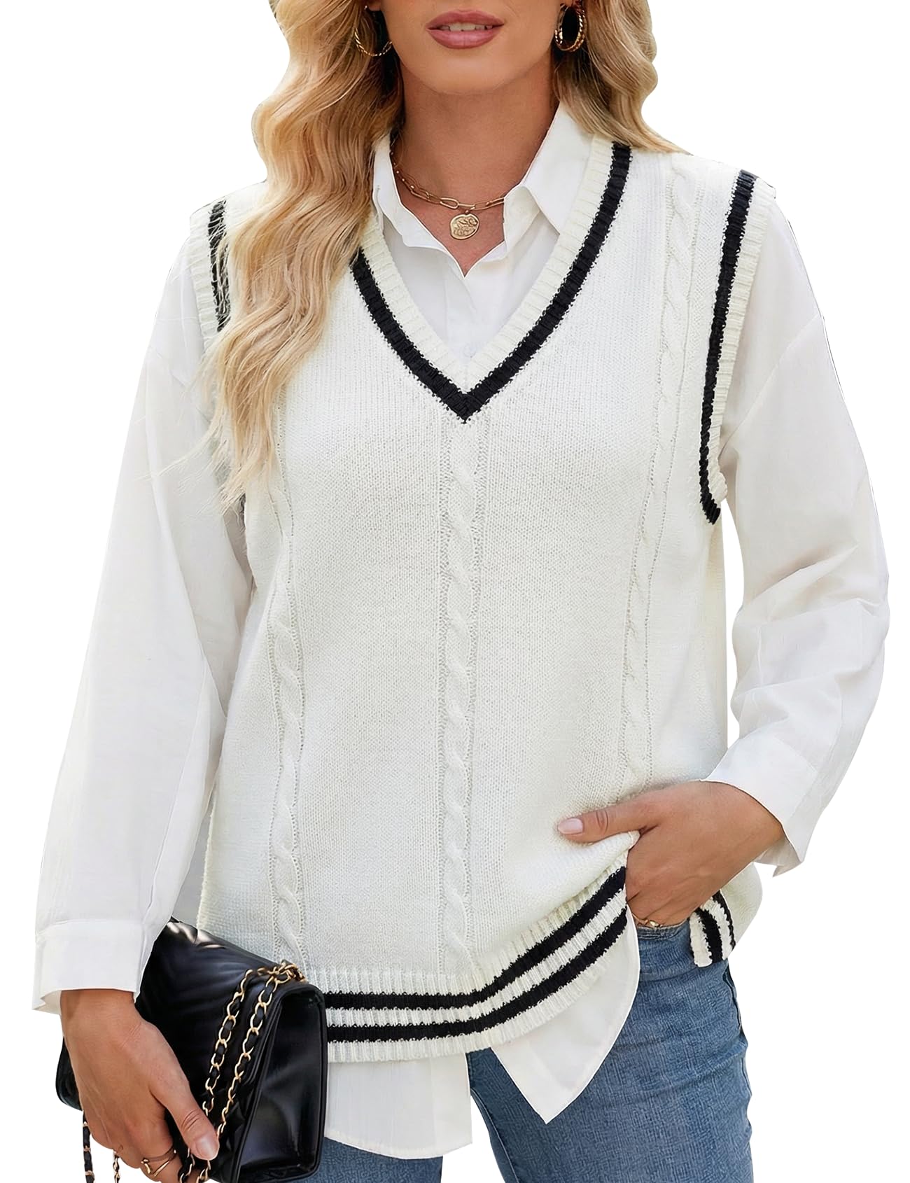Gihuo Women's Sweater Vest V Neck Uniform Sleeveless Knitted School JK Pullover Tops Classic