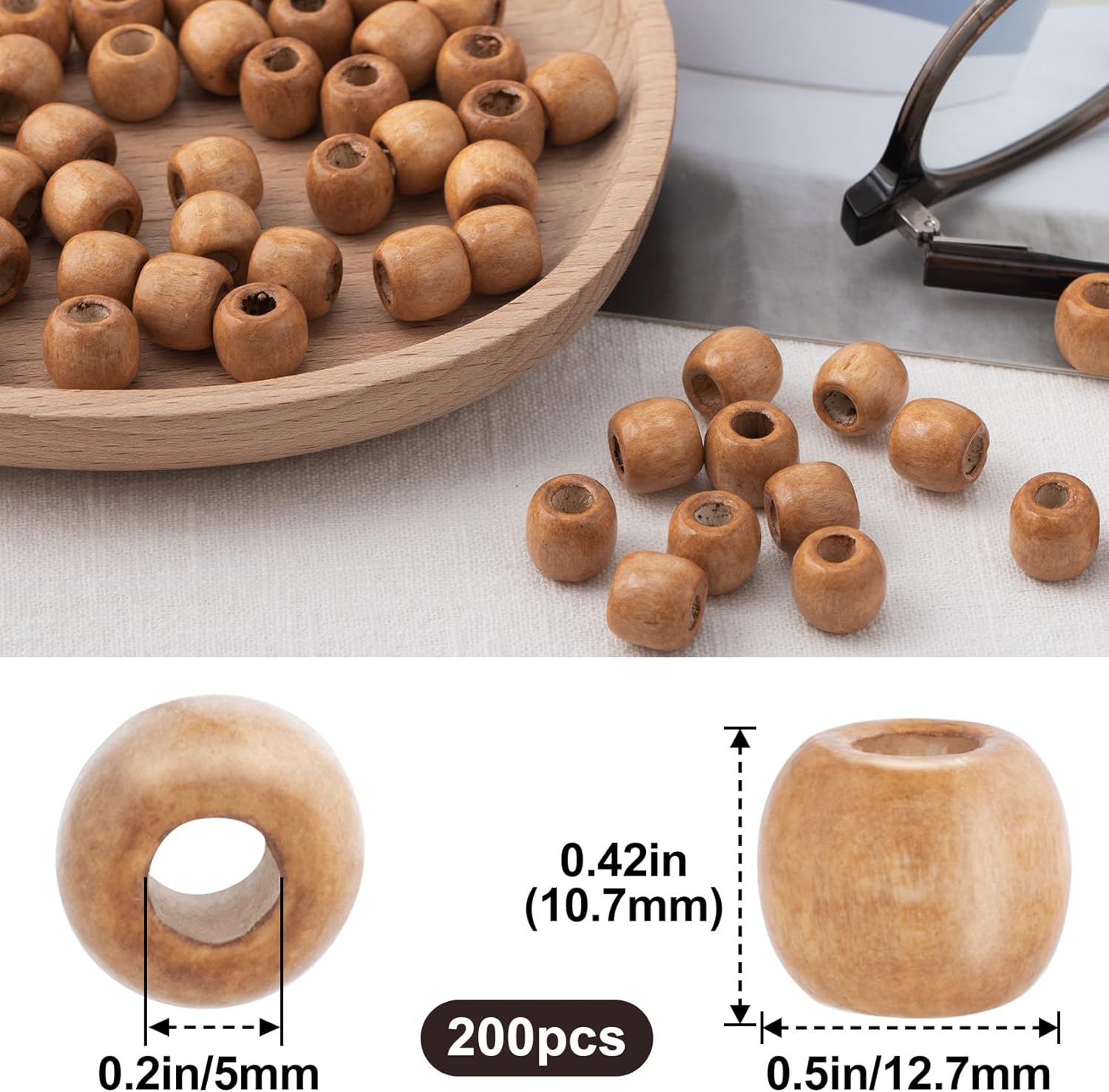 200 PCS Light Coffee Wooden Round Loose Beads for Crafts, Hair Braids, Jewelry Making, DIY Decor - Large Hole (5 mm), Size: 10.7 x 12.7 mm - Image 2