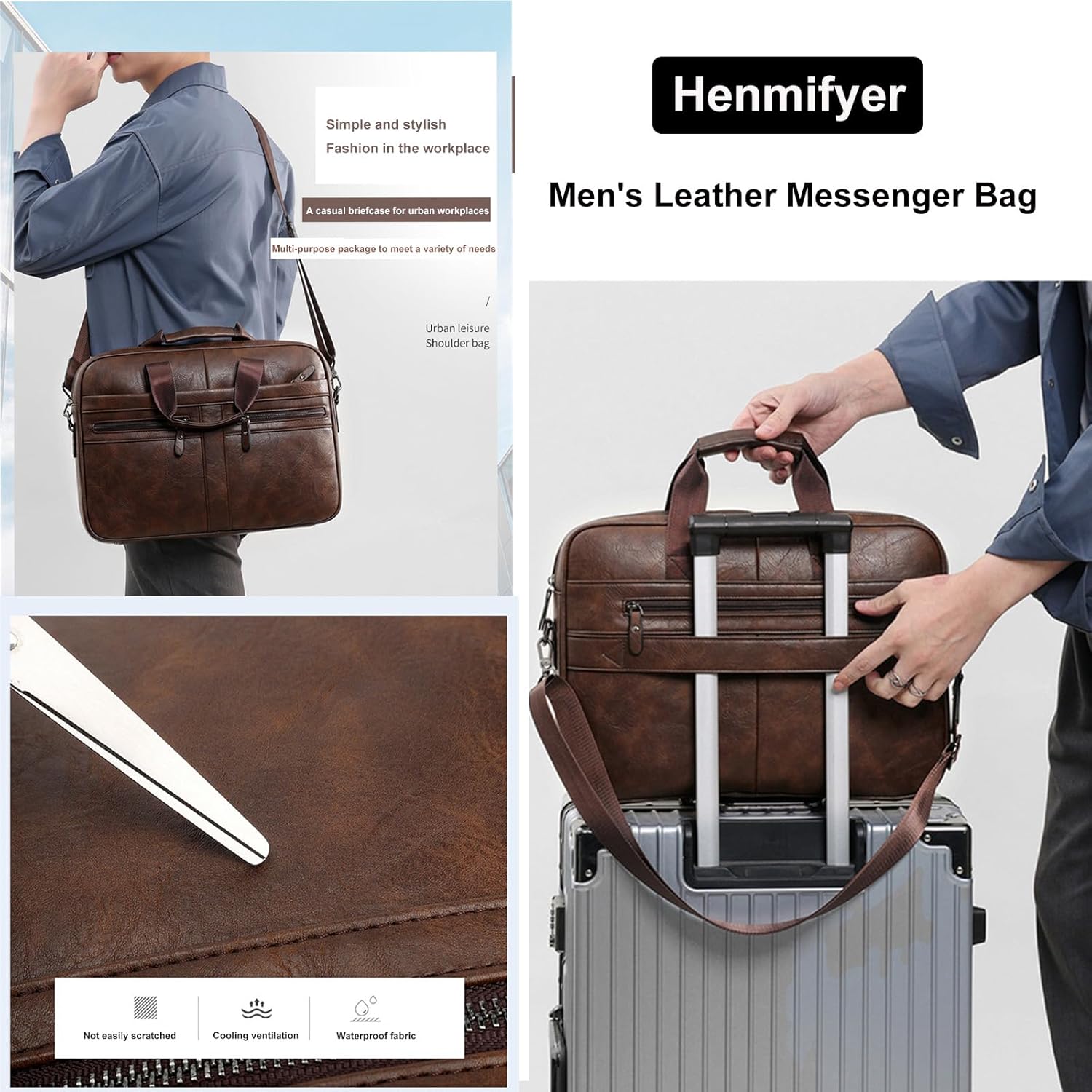 Leather Laptop Bag for Men, Briefcase Crossbody Shoulder Messenger Bag Business Travel Work Attache Case