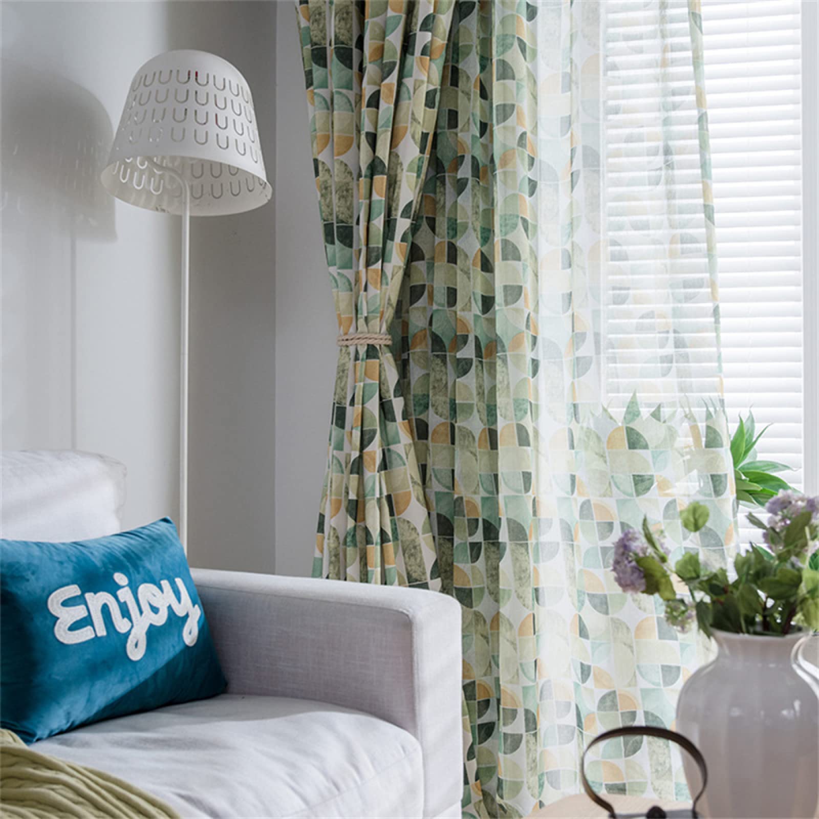 2 Pièces Rideaux Voilage Géométrie Verte Voilages Intérieurs à Broderie, Imprimé Floral Semi-Transparent Voile à Oeillets Rideau Décoration Tamisante de Salon Cuisine Chambre 2x140x220CM