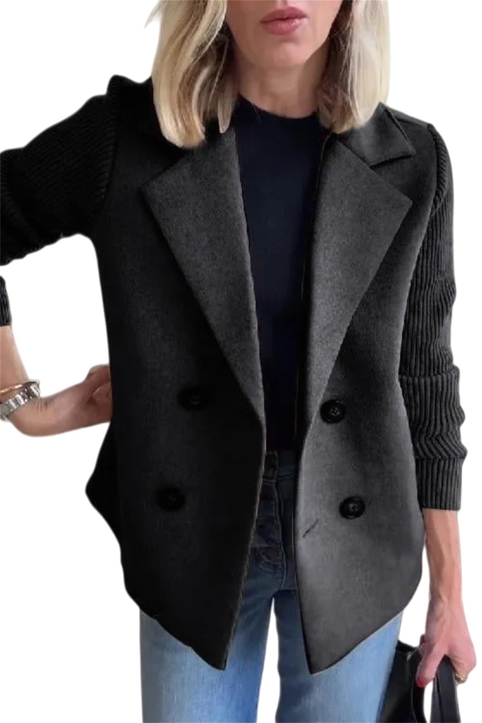 Casual Blazer Sweater Womens Lapel Button Knitted Patchwork Sleeve Coat Cropped Casual Knitted Blazer