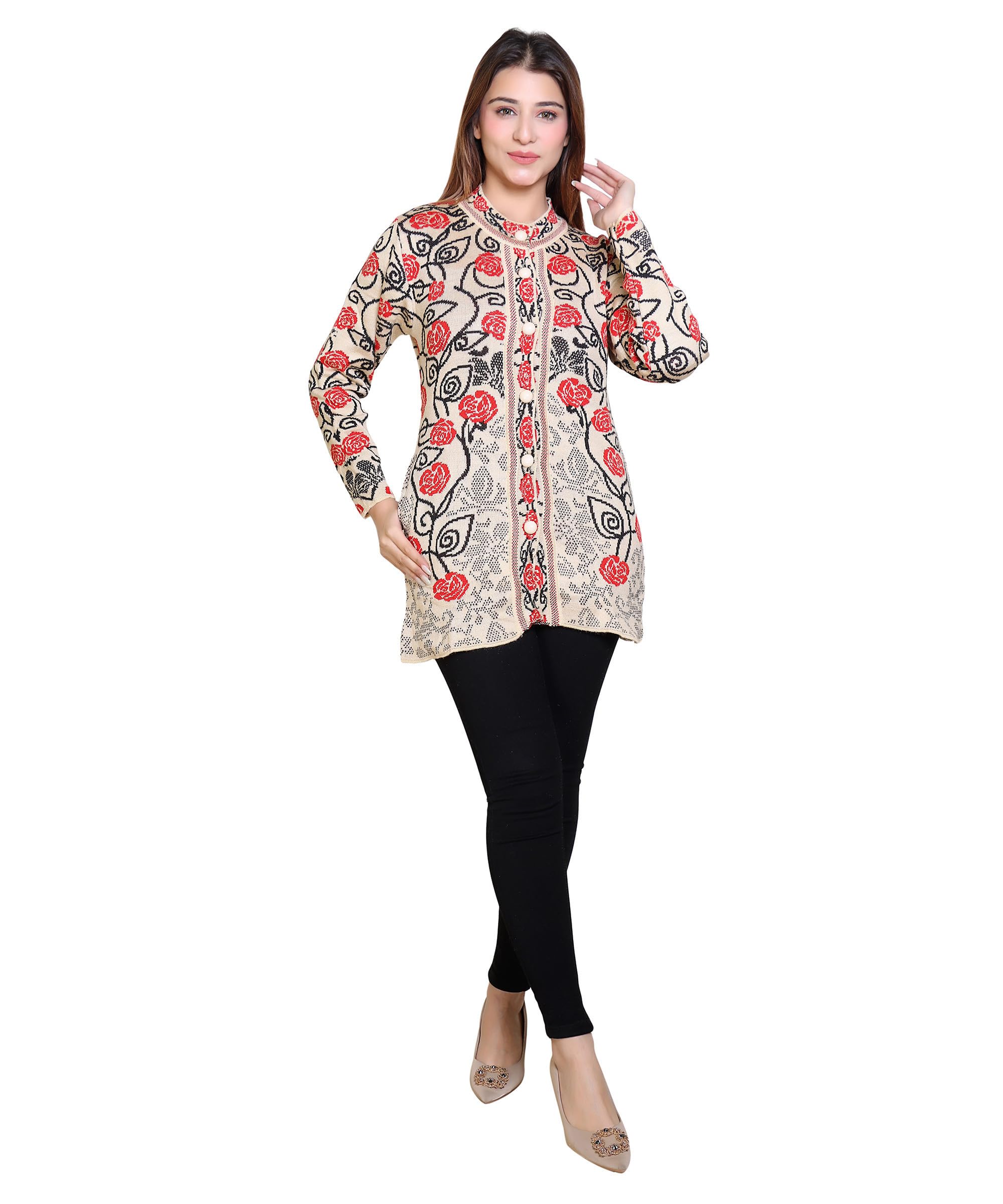 grand line Women Sweater for Winter Woolen Acrylic Full Sleeves Round Neck Floral Design Stylish Cardigan Sweater for Winter Season |Cream, L-picture-40