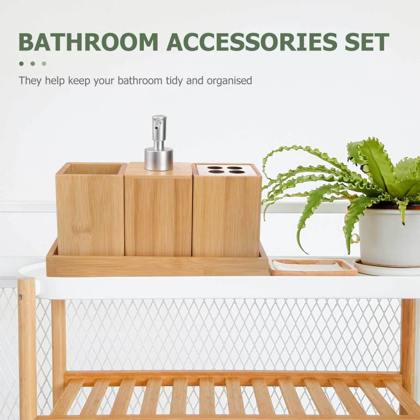 Set Accessori Bagno Bamboo 4 Pezzi in Ceramica e Legno | Marrone e Argento, Stile Elegante, Organizzazione per Lavabo e Ripiano, Formato Coordinato per Uso Quotidiano