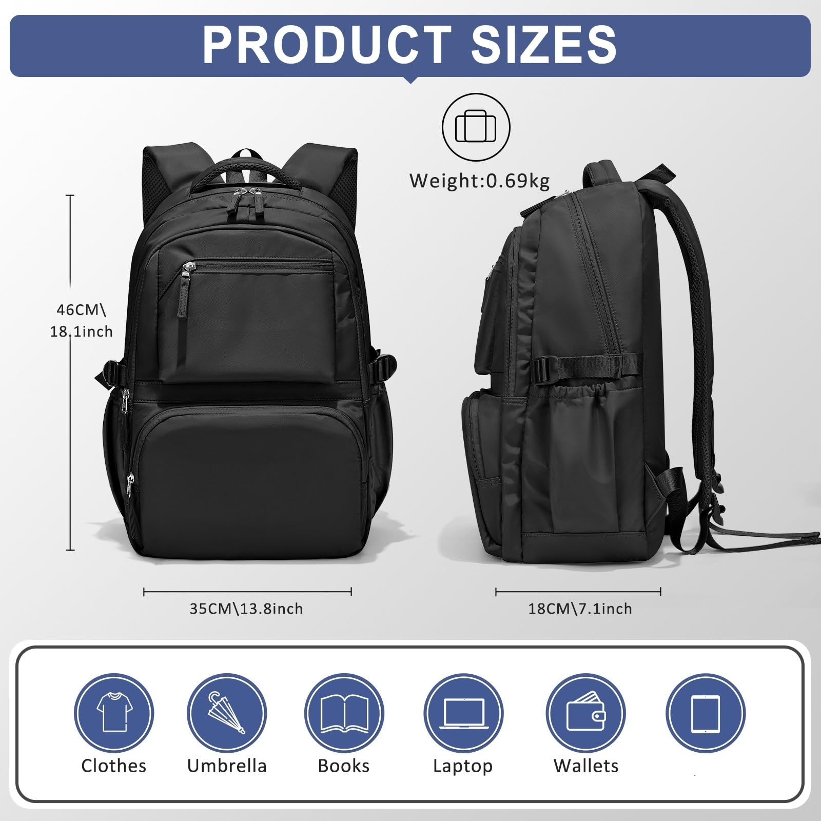 Zaino Scolastico Borsa da Libro di Grande capacità Casual Uomini Donne Zaini Viaggio Universitario per Laptop-Black