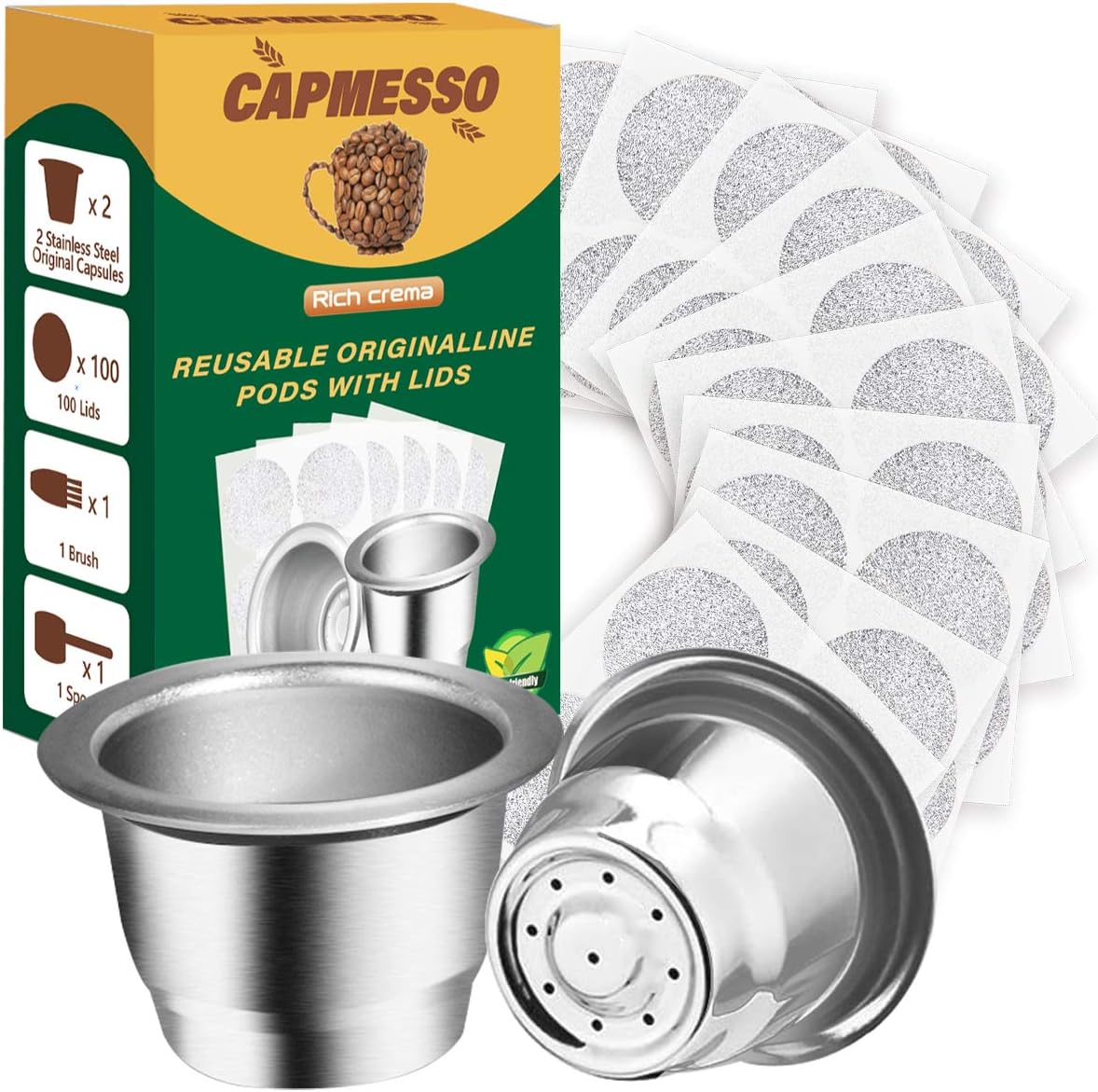CAPMESSO Reusable Espresso Capsules Refillable Coffee Pod Stainless Steel Cups Compatible with Nespresso OriginalLine Brewer (2 Pods+100 Lids)