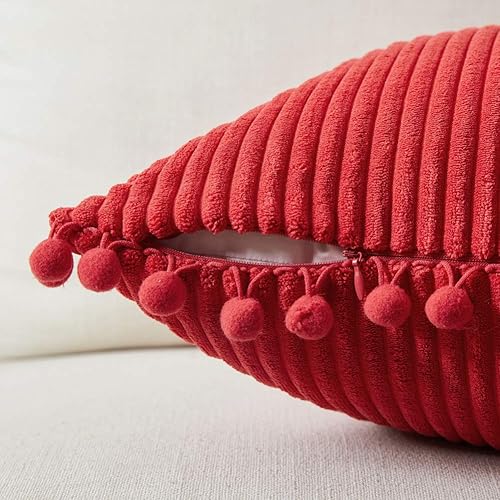 Miniatura 3 de Fancy Homi - Paquete de 2 fundas de cojines, de pana suave y decorativas, con pompones, cuadradas, de color liso, fundas de cojines para sofá,