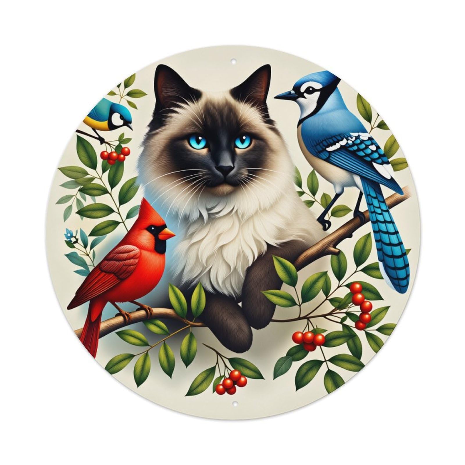 Cat Bird Floral Cherry Branch Round Tin Sign Vintage Style Metal Sign Home Bar Garden Wall Plaque Decor Metal Poster 8x8 Inch