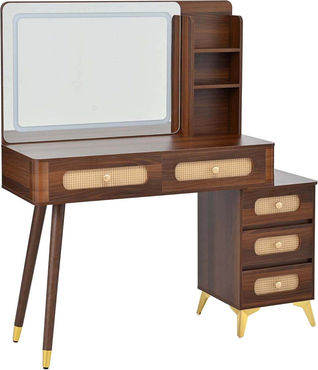 JIVOIT 47" Vintage Makeup Vanity with Mirror, Modern Makeup Vanity Desk with 5 Drawers and Storage Shelf, Rattan Drawer Design, Rounded Corner Design, Dressing Table for Home