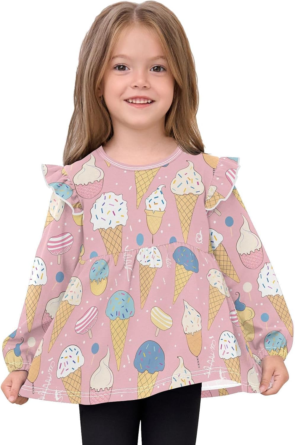 visesunny Toddler Clothes for Girls Handdrawn Icecream Pattern Long Sleeve Fall Shirts Cotton Top with Ruffle Collar