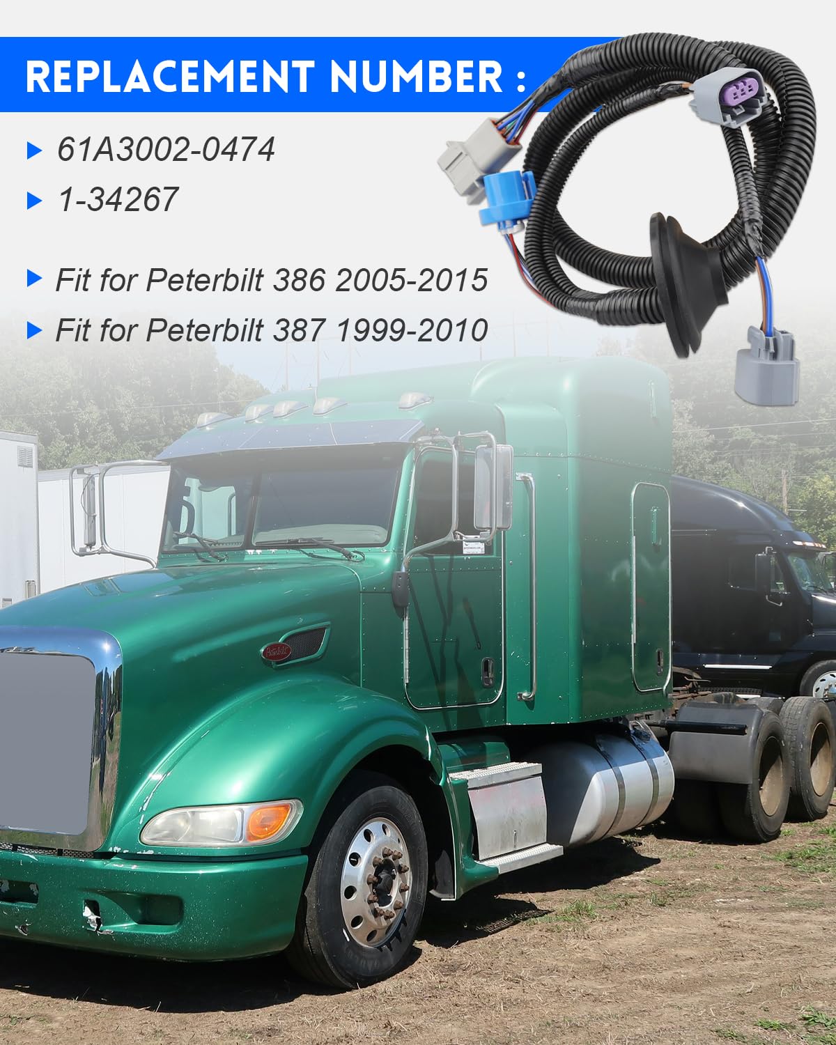 Headlight Wiring Harness Fit for Peterbilt 386 (2005-2015)/387 (1999-2010), Replace 61A3002-0474, 1-34267, 2PCS