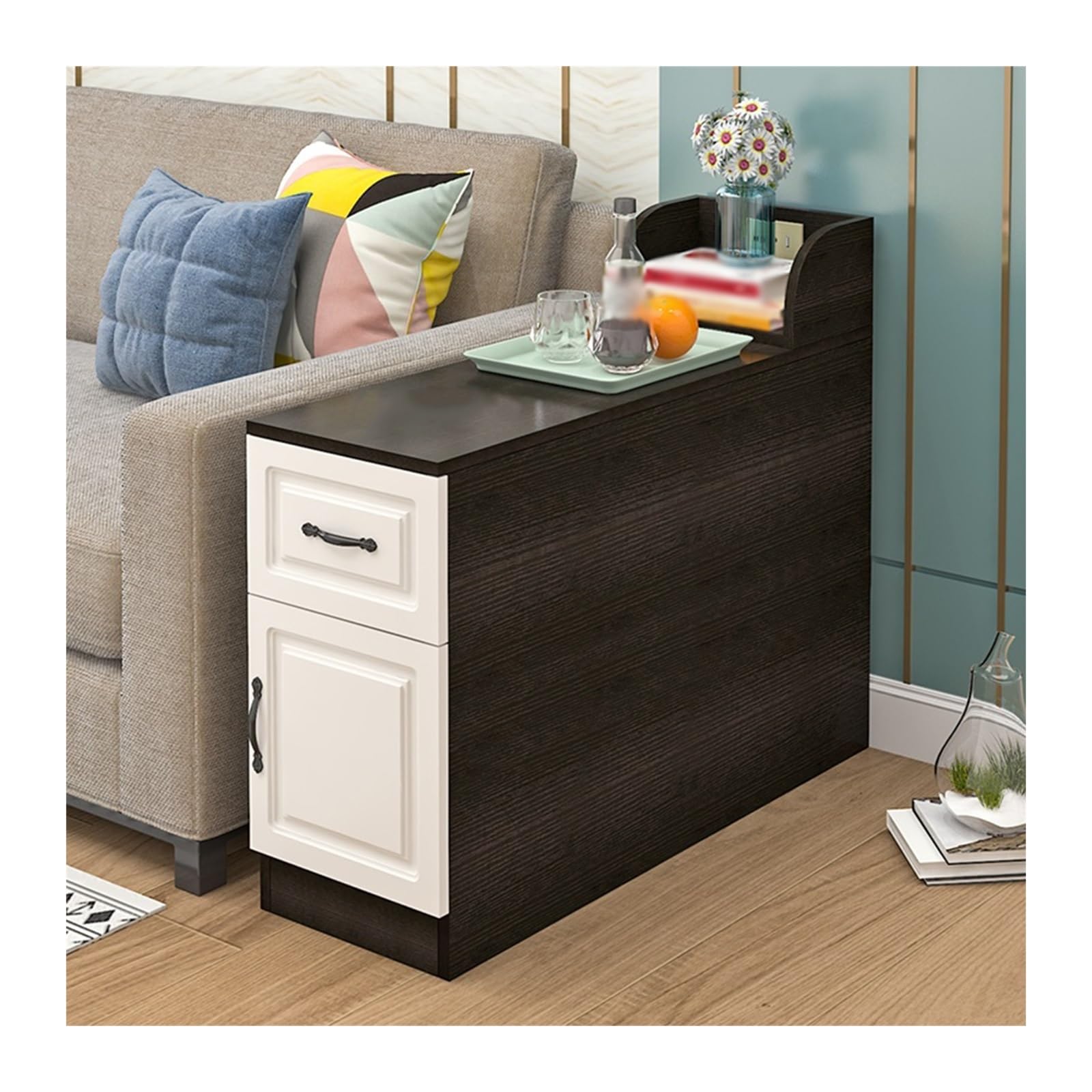 SXZenSpace Scandinavian Corner Sofa Side Table, Compact Rechargeable Armrest Storage Cabinet, Simple Phone Table for Living Room, Narrow Sideboard (Black, 90x40x60cm)