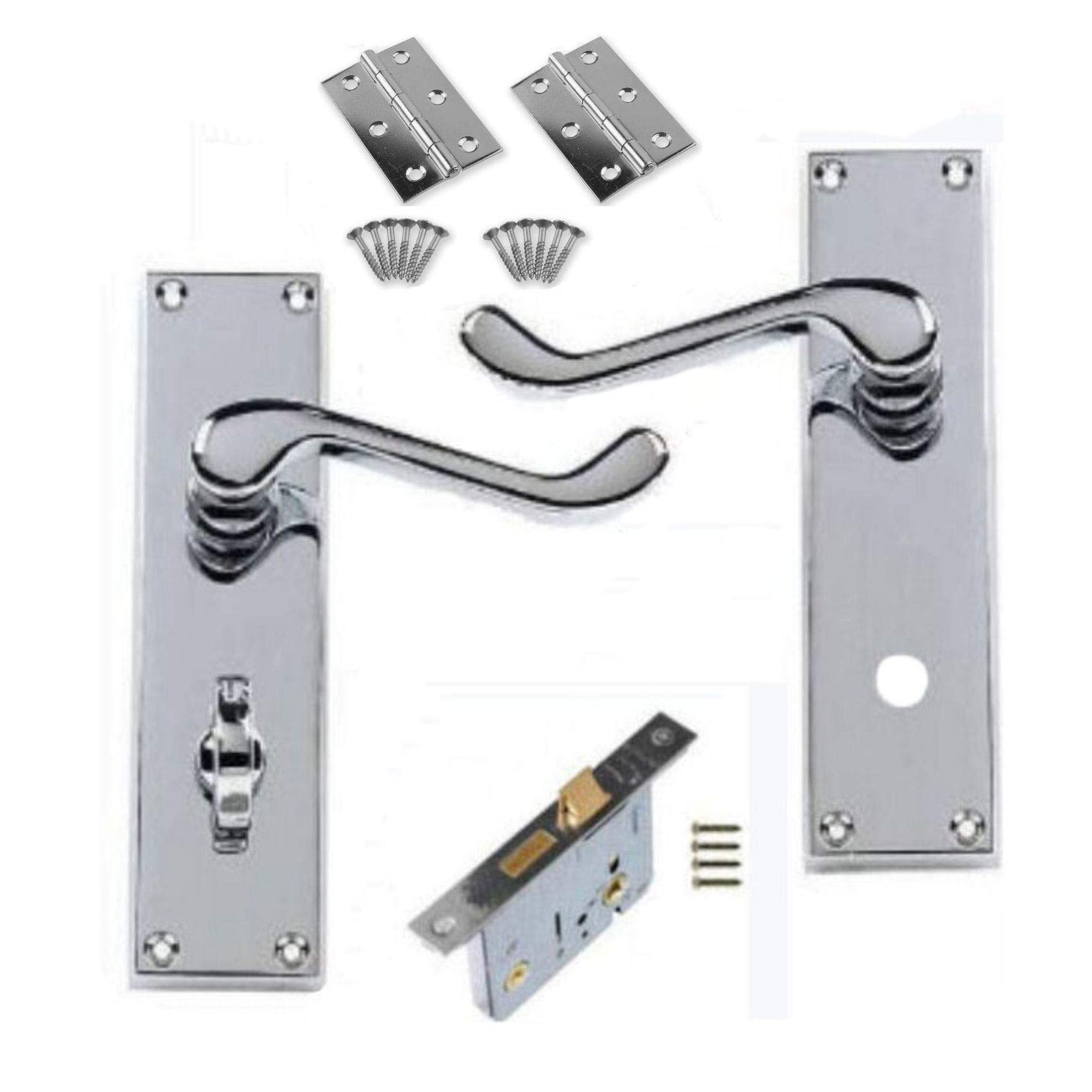 Discount Hardware Uk Chrome Victorian Scroll Polished Bathroom Door Handle Lock Pack With 64Mm Bathroom Lock + 3" Hinges