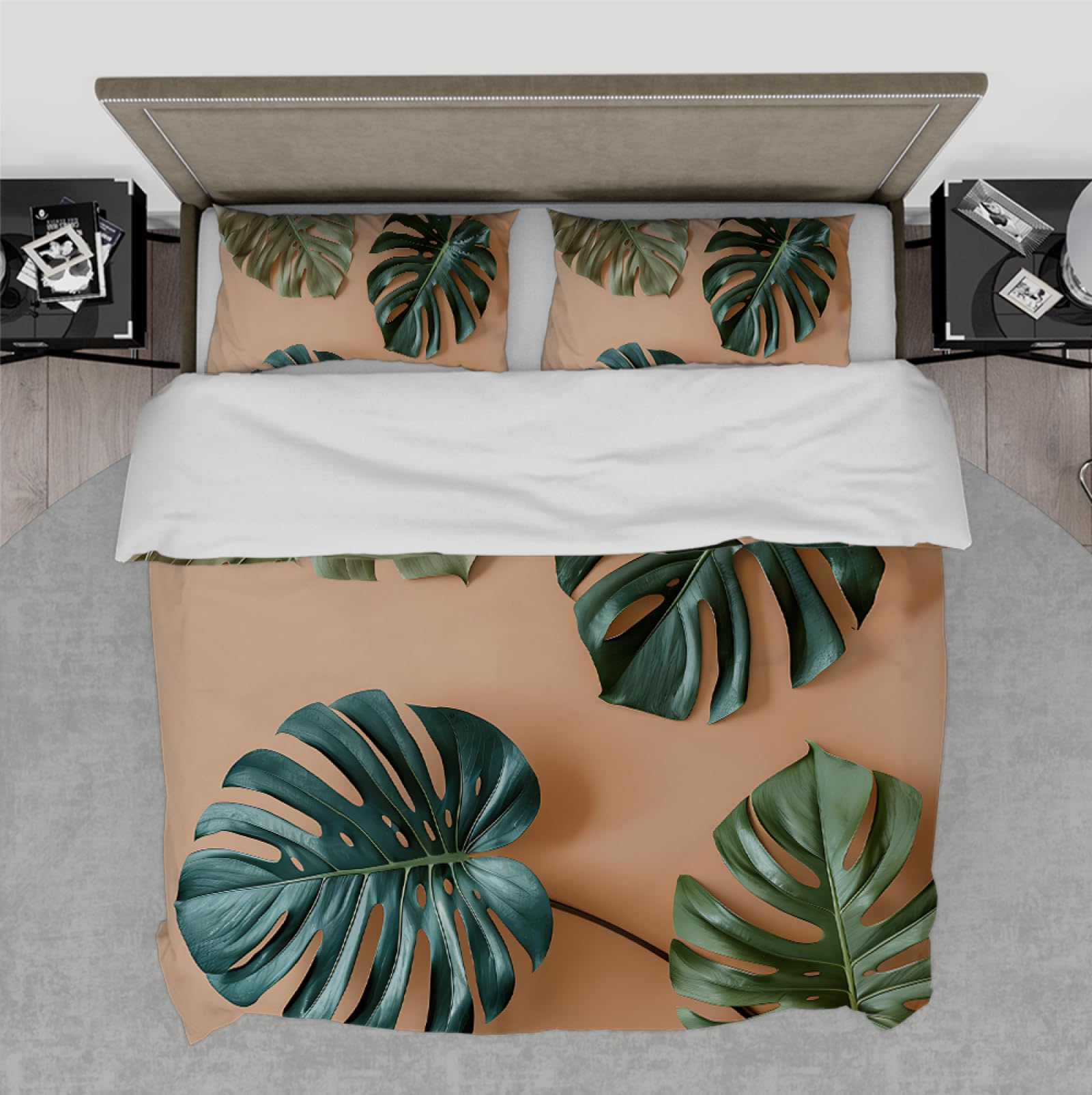 Housse de couette jungle 200x220cm avec taies marron et imprimé palmier 3D