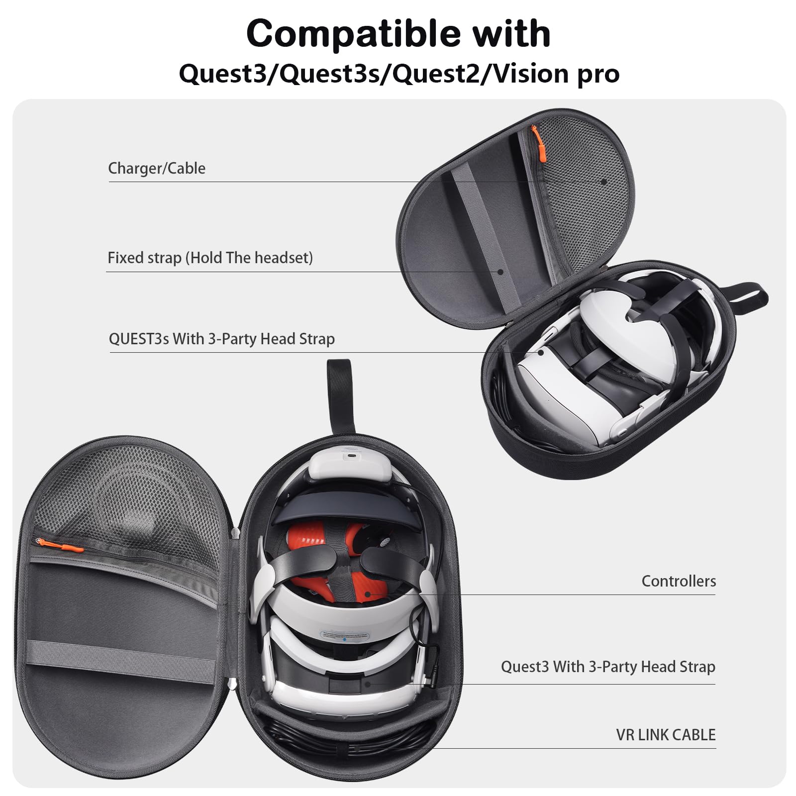 ProCase Custodia per Meta Quest 3S/Oculus Quest 3/Quest 2/Pico 4/Vision Pro/BOBOVR, Borsa Rigida Protettiva per Cinturino Elite con Batteria, Controller e Accessori (Solo Custodia)-Nero
