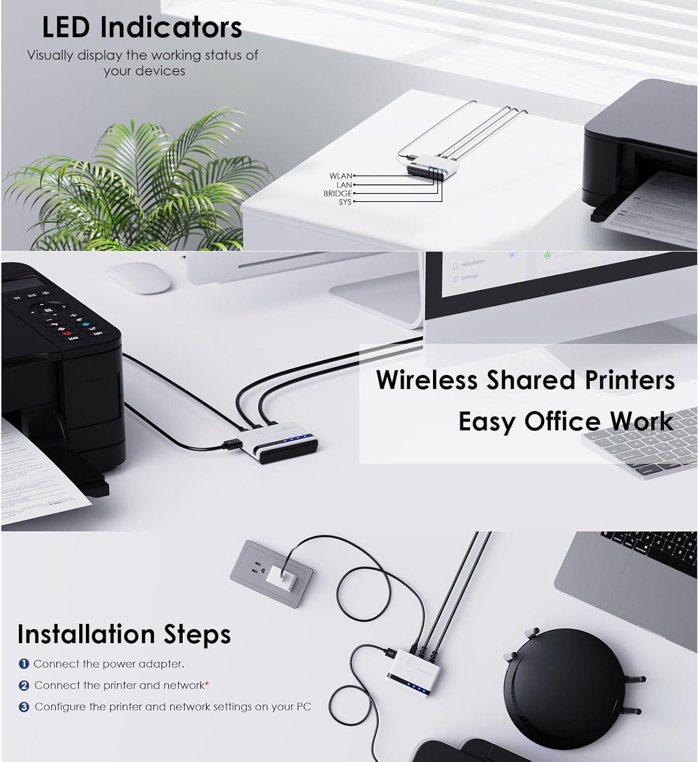 Networking USB 2.0 Print Server, 2.4G Wired Printer Server for Home and Office, Expand Network Structure (US)