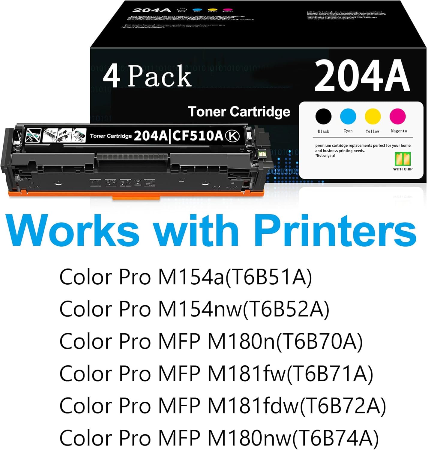 204A Toner Cartridges 4 Pack (with Chip) Replacement for HP 204A Toner Cartridges Color Pro MFP M180nw M180n M181fw M154a M154nw Printer | CF510A CF511A CF512A CF513A