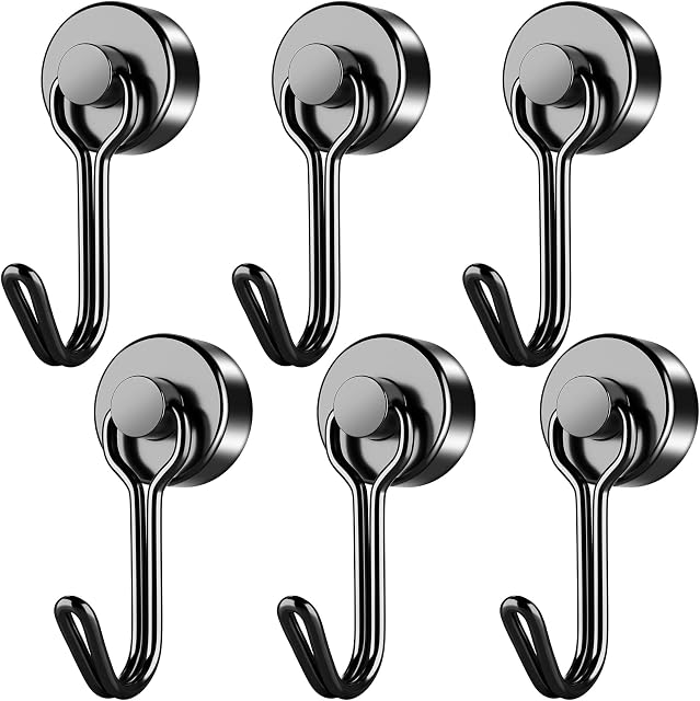 Magnetic Hooks, 6 Pack 40 lb+ Swivel Swing Neodymium Magnet Hooks, Black Magnetic Hooks for Fridge, Magnet with Hooks Heavy Duty, Strong Magnet Hooks for Hanging, Camping, Kitchen, Ceiling, Workplace